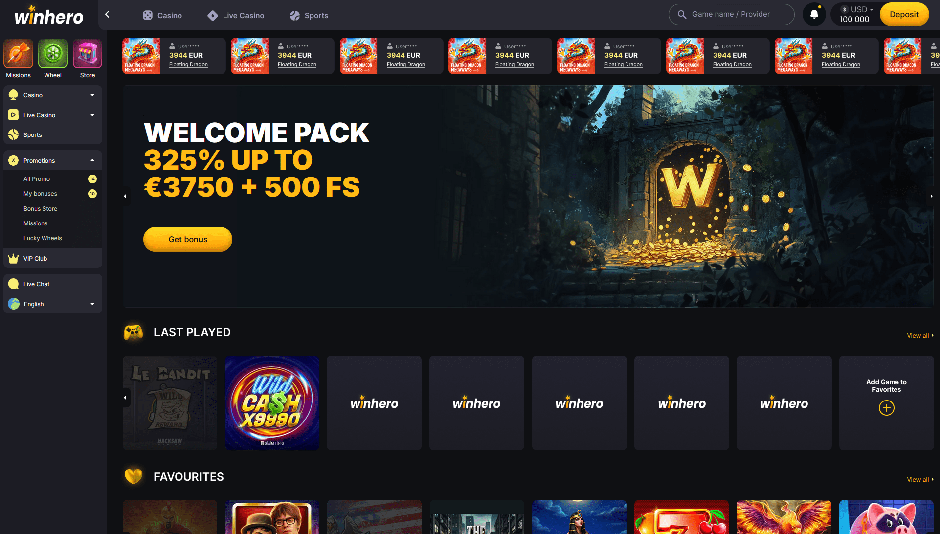 WinHero welkomstpakket – tot €3.750 + 500 gratis spins