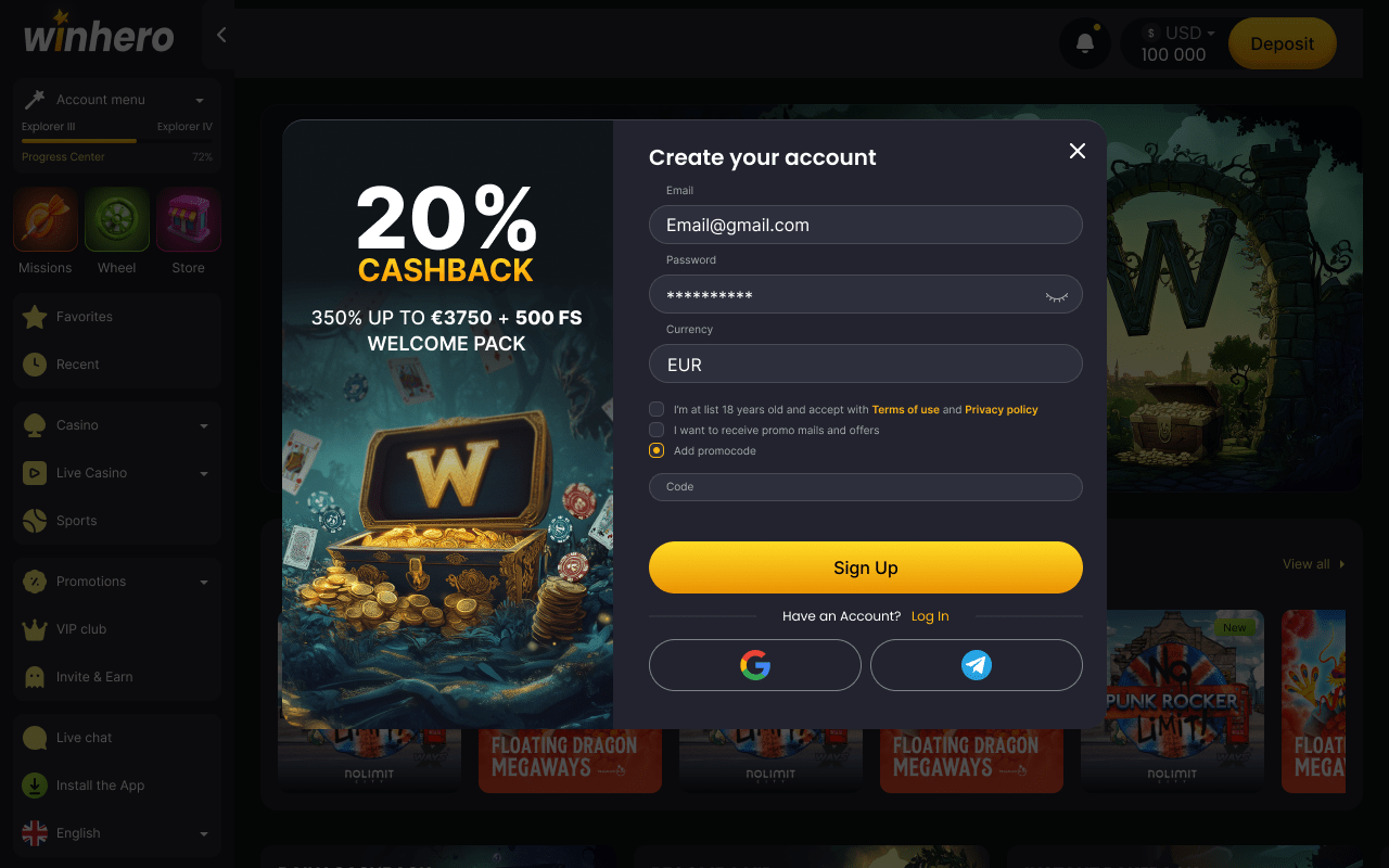 WinHero 20% cashback promotie – aanmelden scherm
