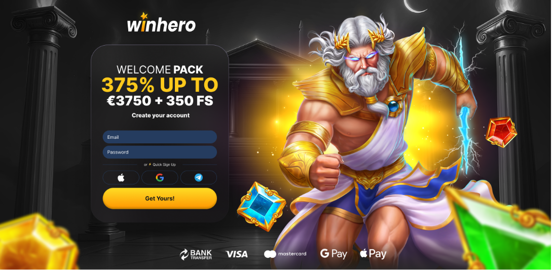 WinHero welkomstbonus banner – 350% + gratis spins aanbieding